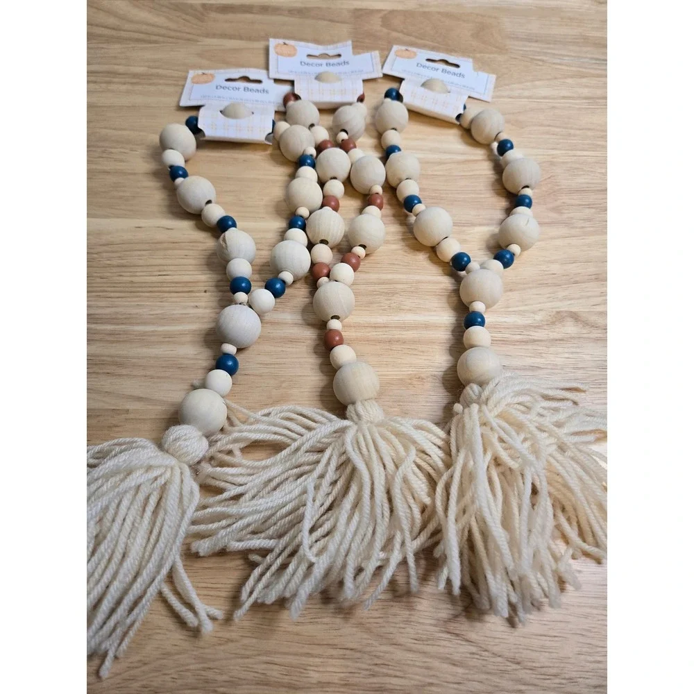Perfect Harvest Wood Decor Beads Farmhouse Garland Blue Orange Tassel Set of 3